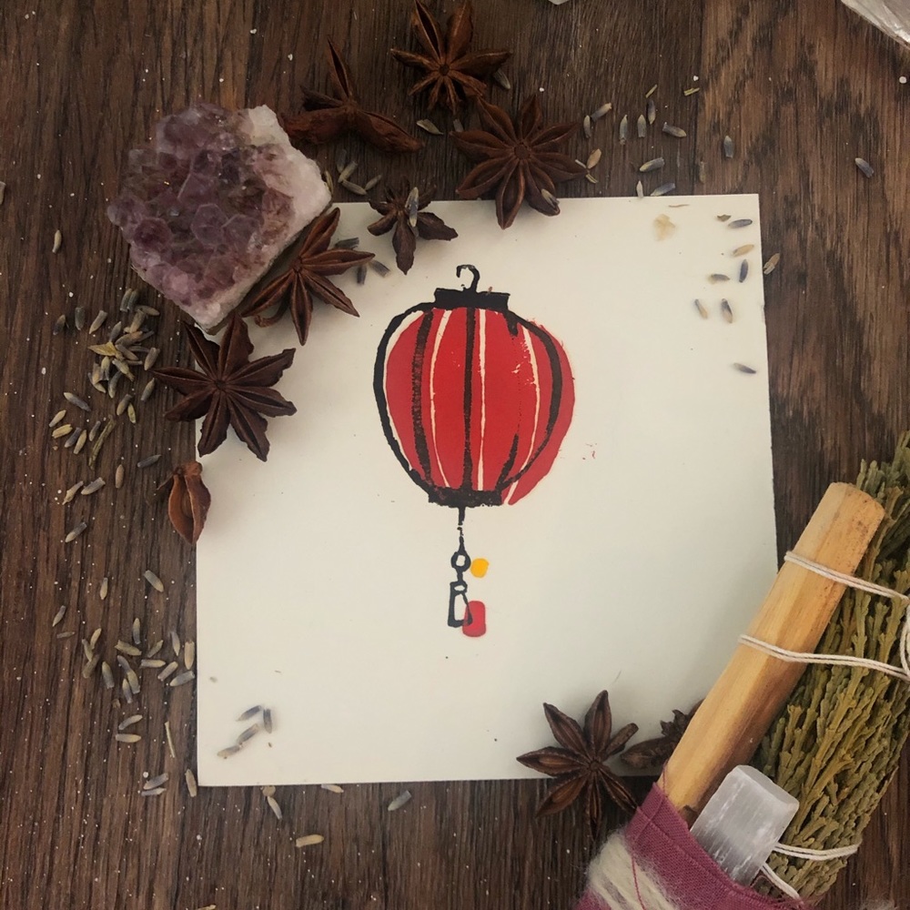 Linoleum Prints Hand Made Red Lantern - Picture 2 of 4